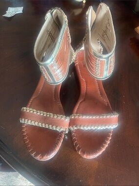 Frye Tan Leather Ankle-Strap Sandals with Silver Trim